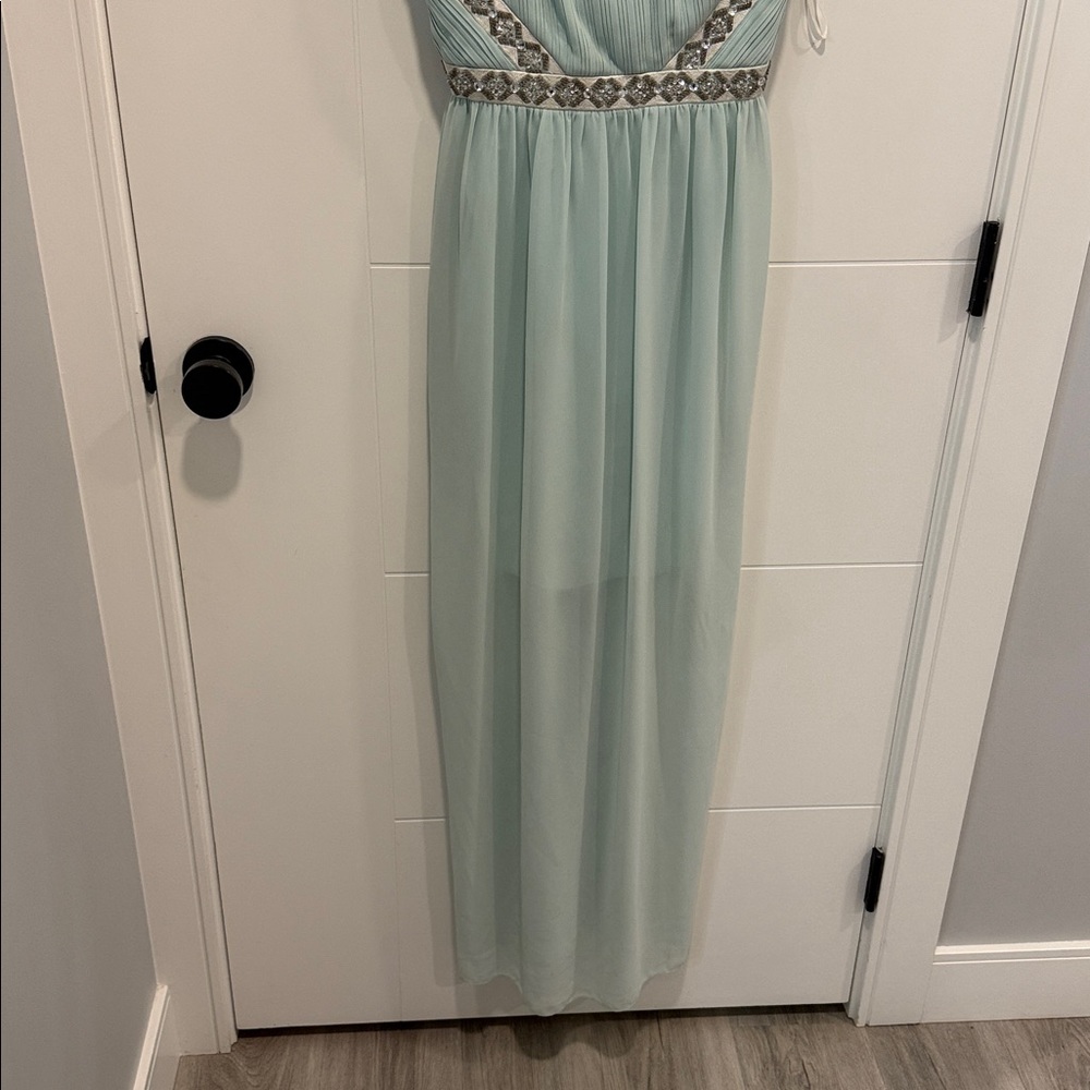 Minuet Petite Mint Green Satin Dress with Beaded Trim size small - Picture 3 of 9